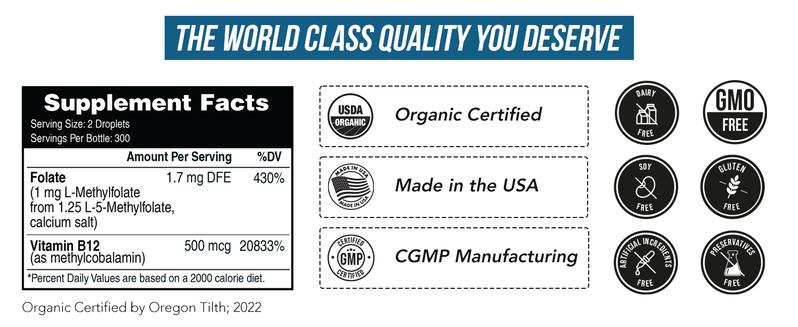 L Methyl Folate 15mg + B12 Pro Strength, Liquid 5-MTHF Form, Supports Mood, Methylation, & Cognition Supplement Energy Levels Vitamin Methylcobalamin