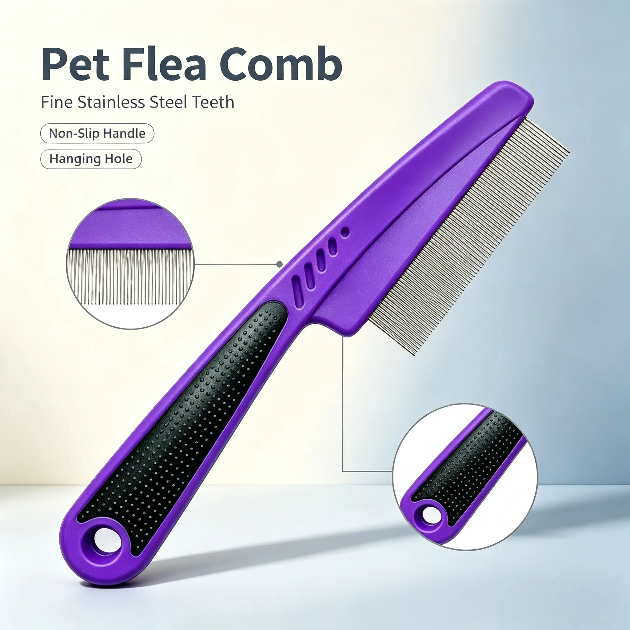 Fine Tooth Flea & Tick Comb for Dogs & Cats, Rubber Handle Pet Grooming Comb for Removing Fleas, Ticks, Dirt & Loose Hair (Purple)
