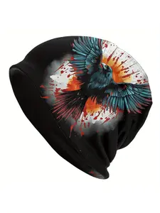 Viking Odin Ravens Beanie Hat - Norse Mythology Raven Wings Design, Black with Blue/Orange Accents - Stretchy Knit Winter Skull Cap for Men & Women - Viking Costume Party, Everyday Norse Fashion Accessory