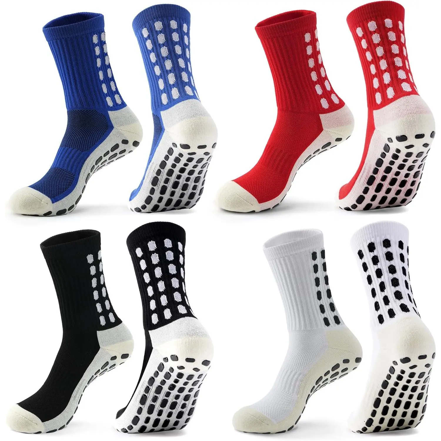 Adults' 4-Pairs Non-Slip Sports Socks with Grip Pads, Black, for Soccer & Futsal Activities, 4 Pairs/Black