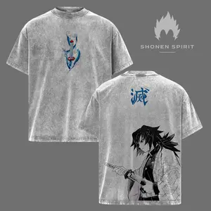 Water Hashira Giyu Tomioka Washed Vintage Graphic Tee, Demon Slayer Oversized Heavy Cotton Unisex Shirt, Anime Core Streetwear Outfit for Otaku Fans