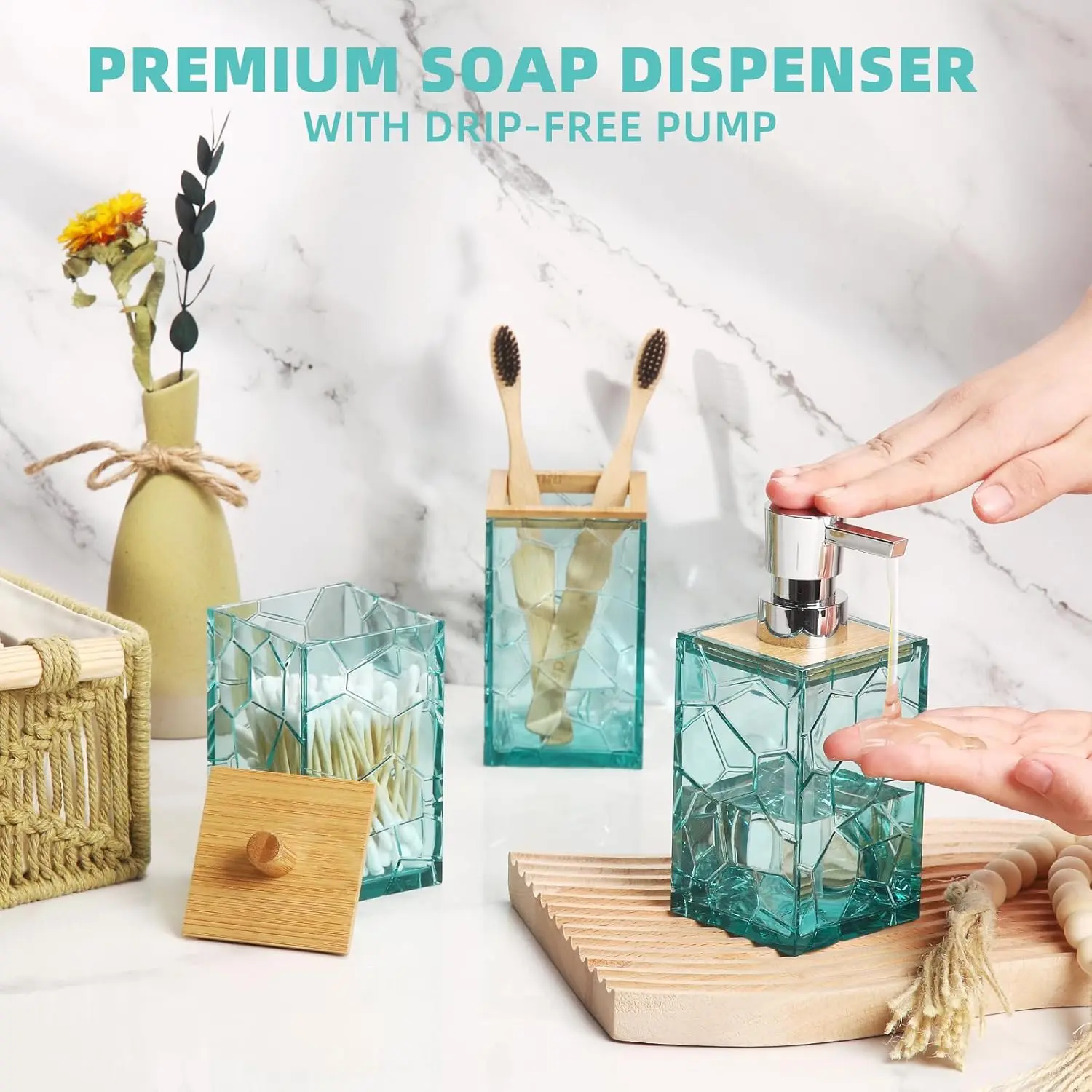 Teal Blue Beach Bathroom Accessories Set, Toothbrush Holder, Soap Dispenser, Cotton Swabs Holder, Soap Dish, Toilet Brush with Holder, Boho Bamboo Bathroom Decor,Acrylic (Teal)
