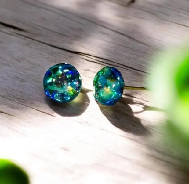 Nyxshade Gleam Faerie Dust Stud Earrings - Iridescent Glitter Green Blue Studs - Magical Forest Fairy Jewelry for Women - Witchy Gift
