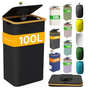1 Piece 100L Bottle Collector, Indoor Recycling Bin, Large Capacity Foldable Storage Basket, Bamboo Frame Oxford Cloth Material