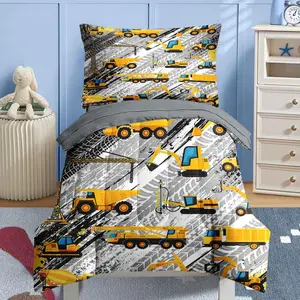 4 Pcs Comforter Set Toddler Size, Cartoon Yellow Vehicle Bedding for Kids Teen, Trucks Construction Bed Sheet with Pillowcase & Sham