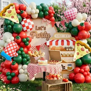 Pizza Party Decorations Kit with Red Dark Green White Latex Balloon arch Pizza Checkered Balloons for Party Favors BBQ Picnic Birthday Party Decorations Slice Slice Shower Home Decor