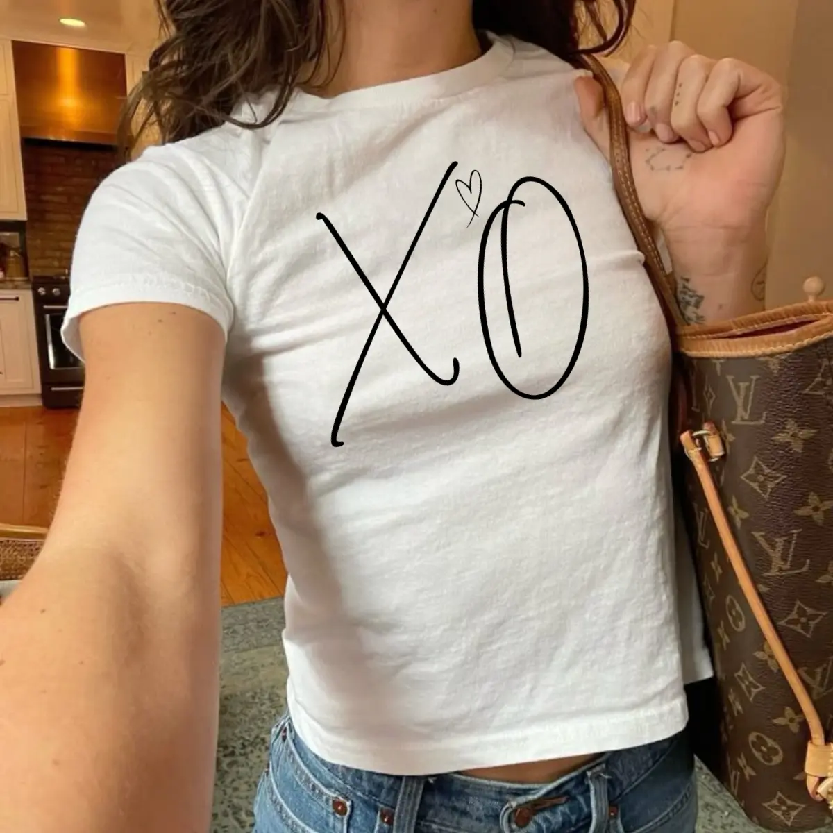 XO Heart Baby Tee for Women, Minimal Love Graphic Crop Top, Cute Y2K Fitted Shirt, Valentine Casual Tee