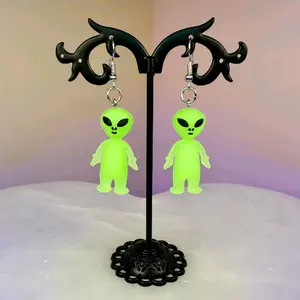 Alien Earrings - Green Glow-in-the-Dark UV Reactive Alien Figurine Earrings for Unique Fashion Accessories