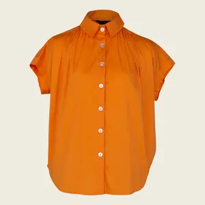 Womens Gather Collar Shirt in Orange Stylish Gathered Blouse Short Sleeve Casual Minimalist Office Wear Fitted Medium Length Viscose Fabric Womenswear Jeans