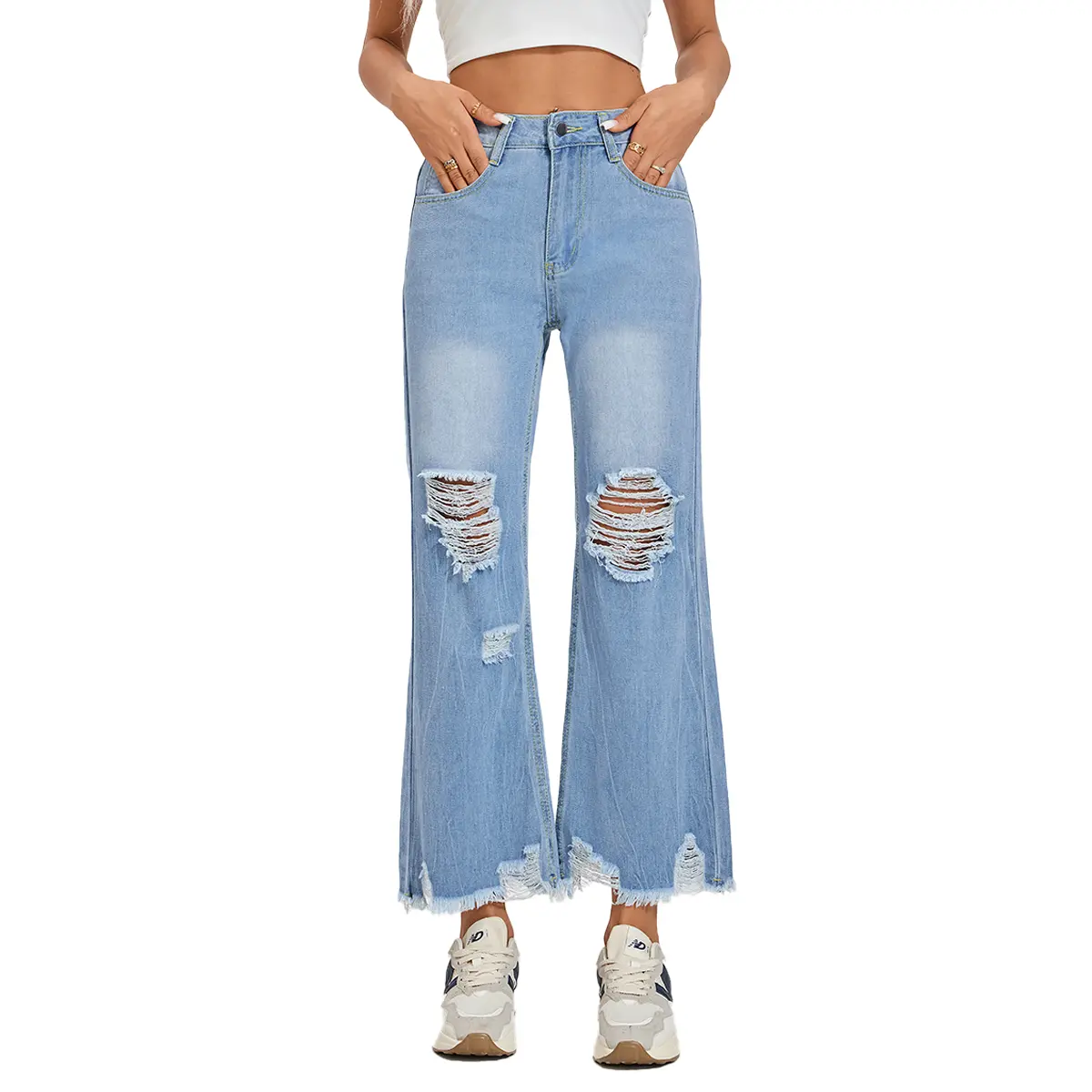 Women's Ripped Wide Leg Jeans Mid Rise Distressed Frayed Hem Straight Denim Pants Light Wash Vintage Casual Summer Street Style Y2K Baggy Boyfriend Jean