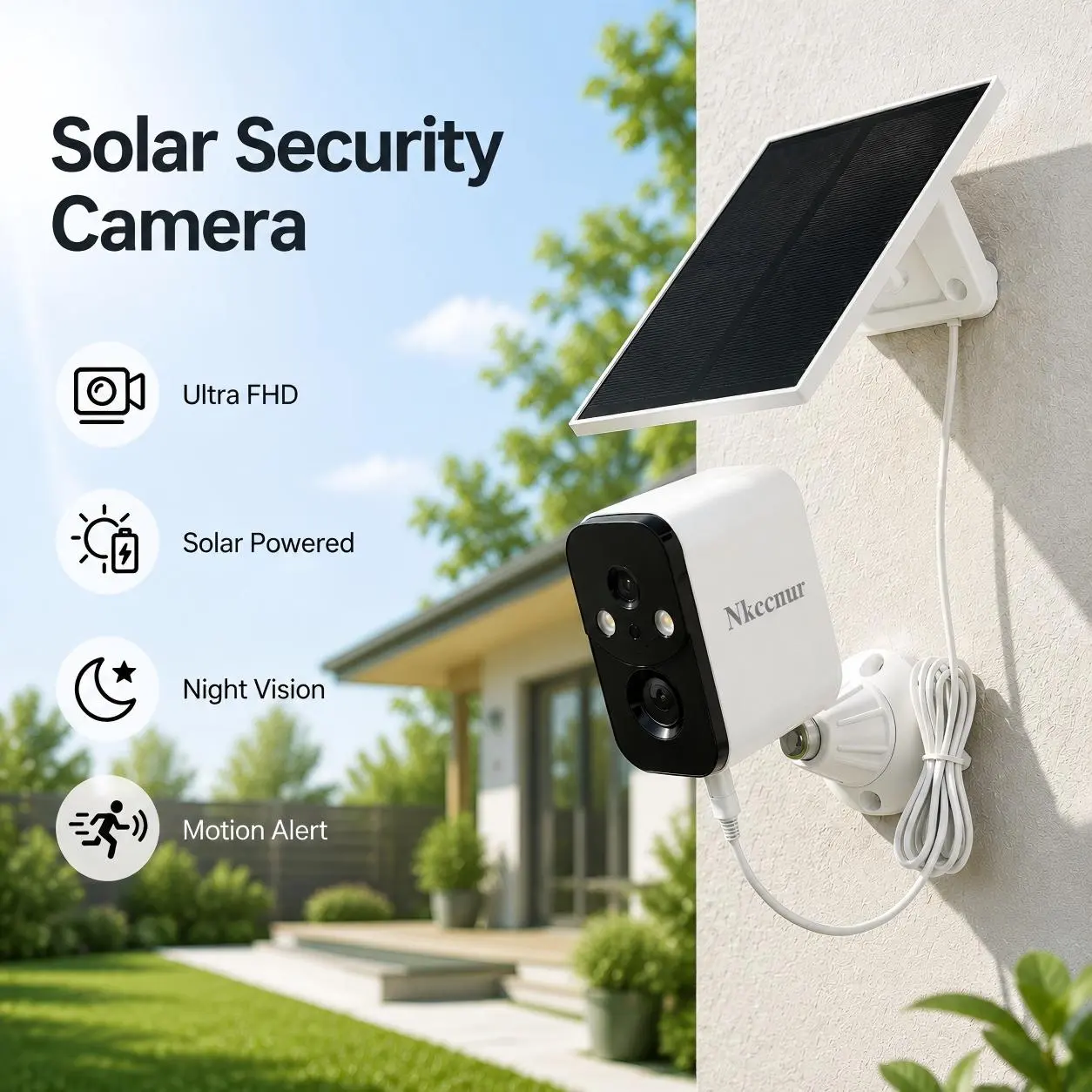 NKCCNUR 1pcs Solar‑Powered Outdoor Wireless Security Camera with Color Night Vision, Battery‑Powered PIR Motion Detection, 2.4GHz Wi‑Fi, 1024P HD Resolution, Audible & Visual Alarm, Two‑Way Audio, and IP66 Weatherproof Rating.