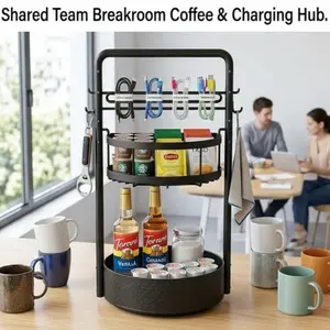 Matte Finish 2-Tier 360° Rotating Metal Desk Caddy Organizer with Paper Towel Holder, for Home Office, Snacks, Coffee Pods, Charging Cables, Tea Bags & Essentials (2-Layer Rotates 360° Design) Aluminum Alloy Storage