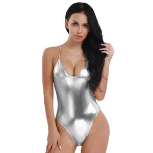 Womens Shiny Metallic Spaghetti Straps Deep V Neck Backless Leotard Bodysuit Clubwear One Piece Monokini Swimwear Swimsuit