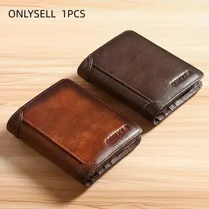 Men's Vintage Leather Wallet, 2 Counts RFID Blocking Trifold Wallet, Multi Function Credit Card Holder, Money Clips with 2 ID Windows