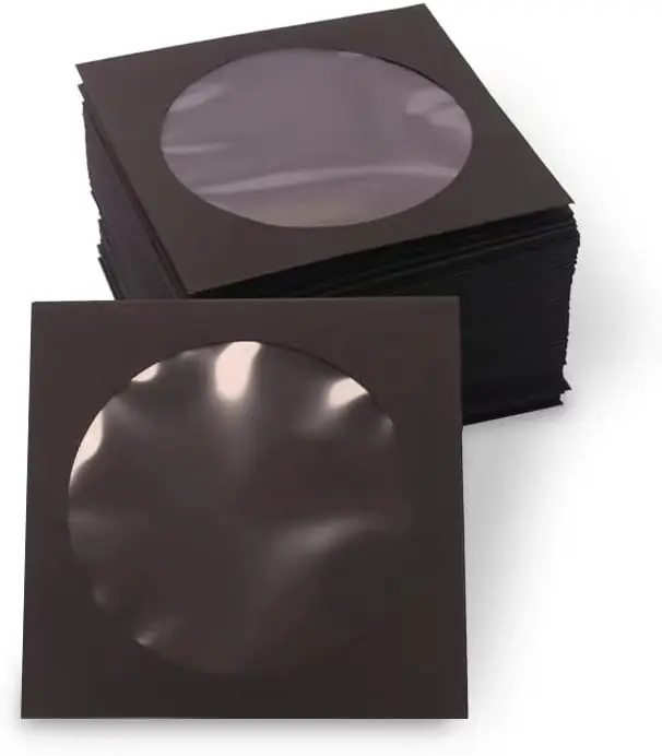 100pcs Black Paper CD/DVD Sleeves - 120g Heavy Weight CD/DVD Storage Envelope Holder with See-Through Window and Flap