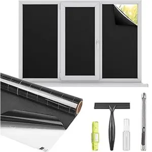 Blackout Window Privacy Film Total Light Blocking Room Darkening Window Covering, Removable Static Cling Frosted Glass Tint, Non-Adhesive, Black 17.5'' x 78.7''