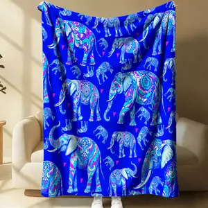 Royal Blue Bohemian Elephant Print Flannel Throw Blanket. Made of Soft Flannel Material, Suitable for Home Decoration, Camping and Travel. Vibrant Decorative Blanket with Lively and Enjoyable Design