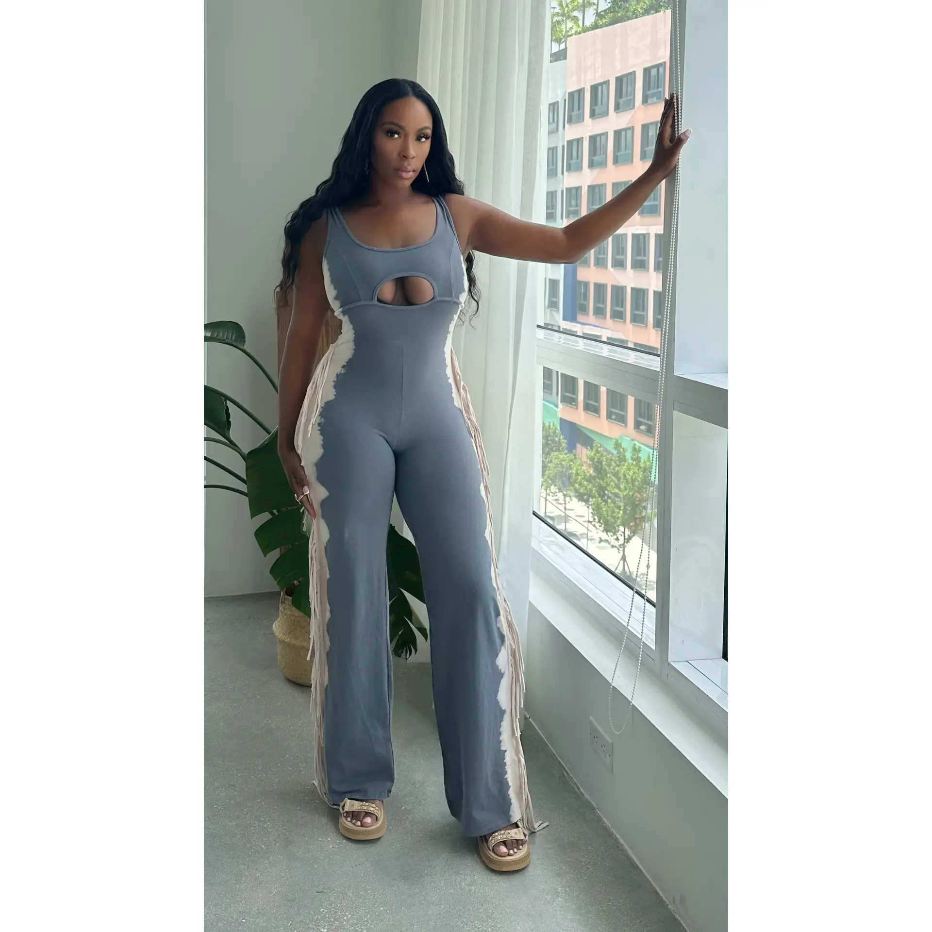 Two Tone Fringe Jumpsuit (Grey)