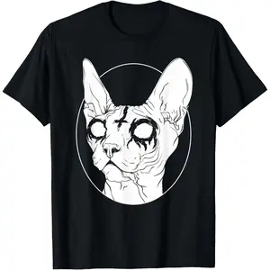 Casual Round Neck Shortsleeve Fashion Cotton Graphic Tees Streetwear Black Metal Sphynx Cat T-Shirt
