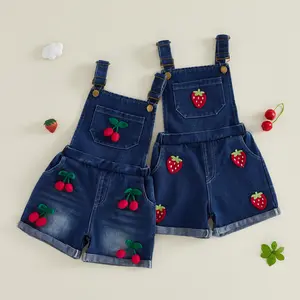 Canrulo Toddler Baby Little Girls Denim Shorts Overalls Strawberry Sleeveless Romper with Adjustable Shoulder Strap Pants 6M-4T