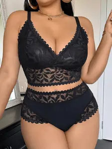 Women's Plus Size Floral Lace Bralette Underwear Set, V Neck and Adjustable Straps, High Waist Comfort Panties, Perfect Gift for Her