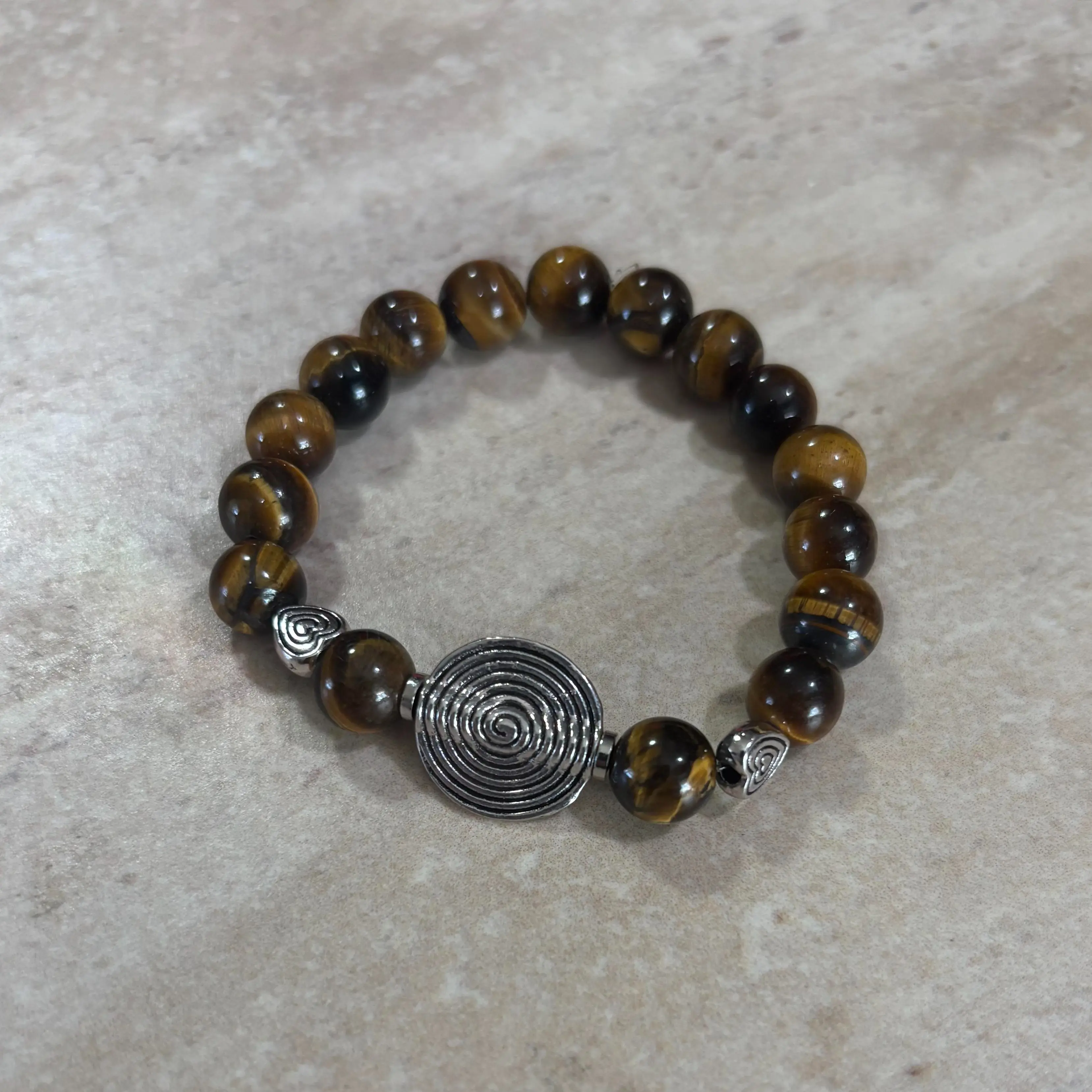 Tiger's Eye Beaded Bracelet with Stainless Steel Spiral & Heart Charms Elastic String Adjustable Fit