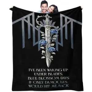 Sleep Token Themed Throw Blanket, Sword & Blue Roses with "Damocles" Lyrics Design, Cozy Plush Fabric, Thoughtful Gift for Metal Music Fans, Fluffy Blanket