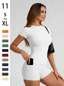 Women's Solid Color Set, Basic Versatile T-Shirt Top, Fashion Multi-Purpose High Waist Yoga Shorts, Yoga Clothes Set, Sports Activewear Set, Sporty Travel, Athletic Style Activewear, Athletic Workout Clothing