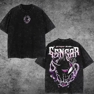 [realitees.go] Retro 90s Gengar BLACK PURPLE Ghost Bleach Tee Graphic Tee – Oversized Unisex Acid Washed Cotton T-Shirt, Japanese Anime Inspired Streetwear, Minimal Front Kanji Print, Bold Back Art Illustration, Casual Urban Outfit for Men and Women