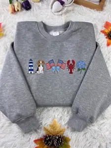 Summer Icons Embroidered Sweatshirt, Coastal Americana Crewneck, Patriotic Beach Gift