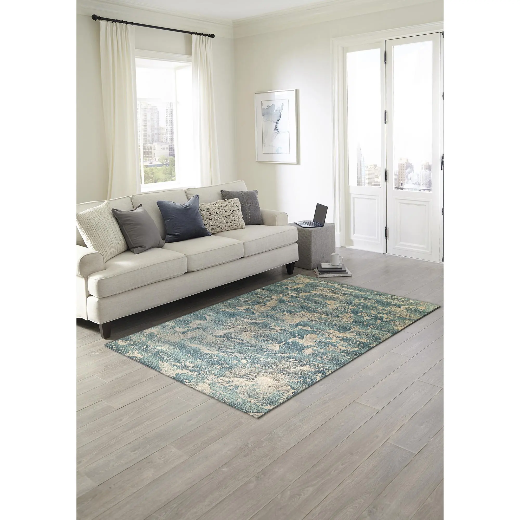 Lush Decor MARINA Indoor/Outdoor Power Loomed Synthetic Blend Low Profile Area Rug - Coastal Blue, Cool-Toned, Bold Pattern, Decorated Colorful Graphic Contemporary Casual (Stormy), Coastal Blue Area Rugs, Colorful Graphic Area Rugs