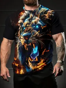 Men's Summer Flame Lion T-Shirt - All-over print Graphic short-sleeved top with vibrant orange and blue flame design. Regular fit casual sweatshirt, Streetwear. Machine washable. Lion-themed T-shirt for outdoor activities. Plus size comfort fit.