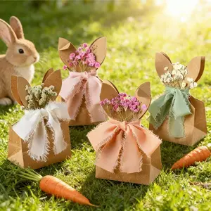 Easter Bunny Bow Party Gift Bags, Rabbit Shape Box with Ribbon, Easter Gift Wrapping Supplies, Cowhide Paper Ear Bag, Spring Wedding Decor, Gift Boxes