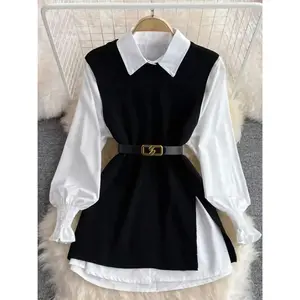 Women's Casual Black Vest, White Tie and Belt - Long Sleeve, V-neck, Ruffled Hem, Perfect for Autumn and Winter, Casual Winter Wear |         Vest with belt |         Construction, Sweater Vest Womenswear Tops Fitted Vneck