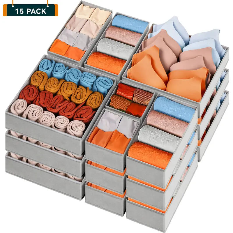 Criusia 15-Piece Drawers Clothes Organizer - Reinforced Thick Fabric Foldable Storage Box with Divided Compartments, Space-Saving Bedroom Storage Organizer for Women's Clothes, Underwear & Socks