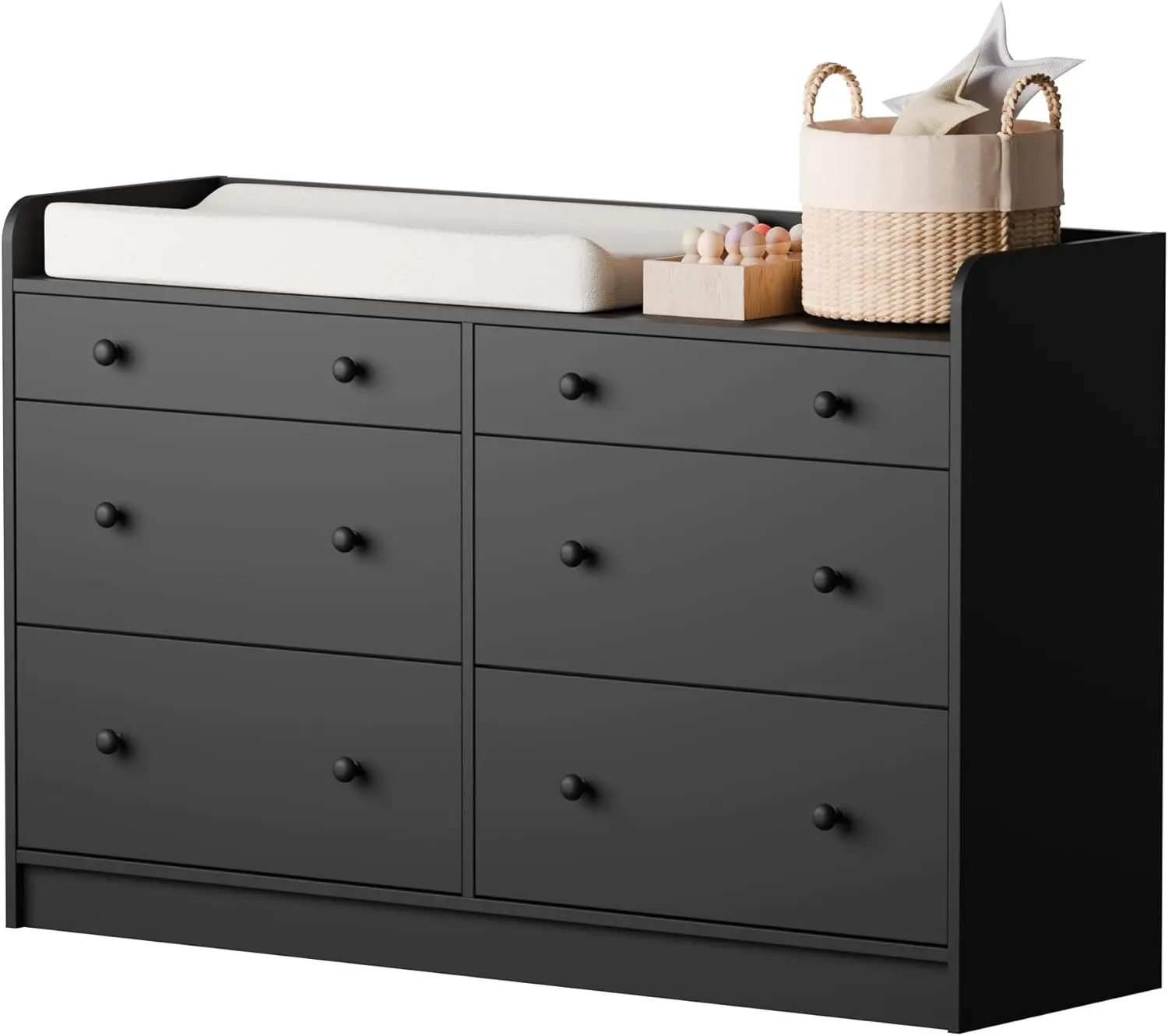 Baby Dresser with 6 Drawers and Large Table Top, Multi-Functional Chest of Drawer, Drawer Dresser with Three-Sided High Rails for Nursery, Children's Room, Bedroom
