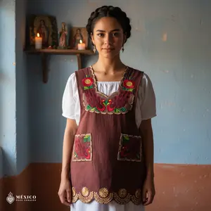 Red & Brown Mexican Embroidered Apron – Standard Kitchen Apron Floral Embroidery | México Todo Corazón