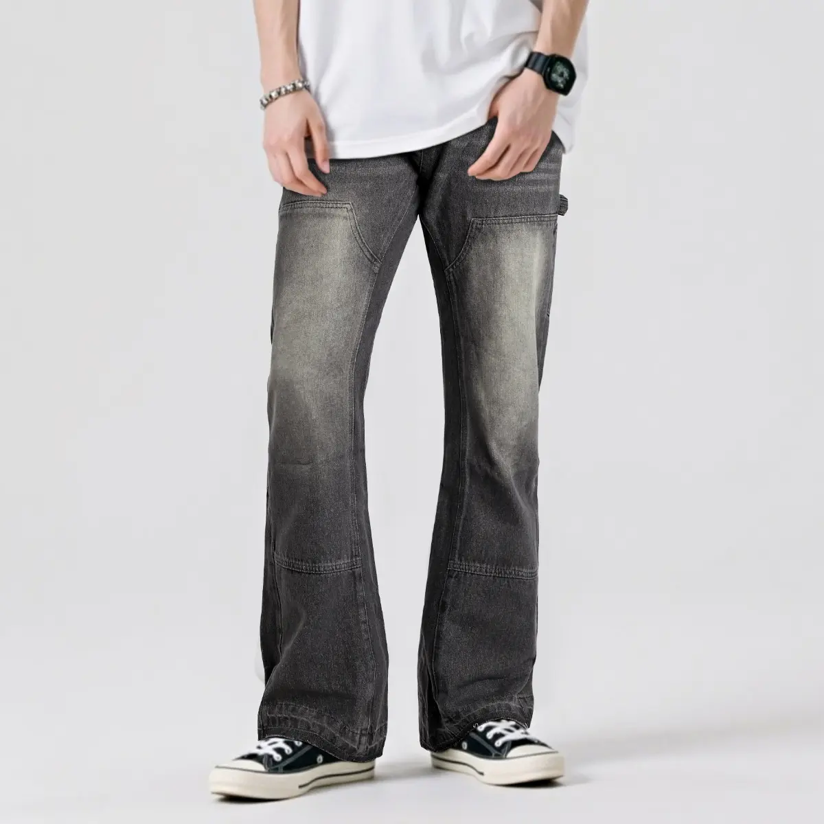 GINGTTO Men's Stacked Flared Carpenter Jeans - Vintage Hip Hop Wide Leg Skateboard Denim Pants with Pocket, Baggy Menswear for Streetwear Outfits