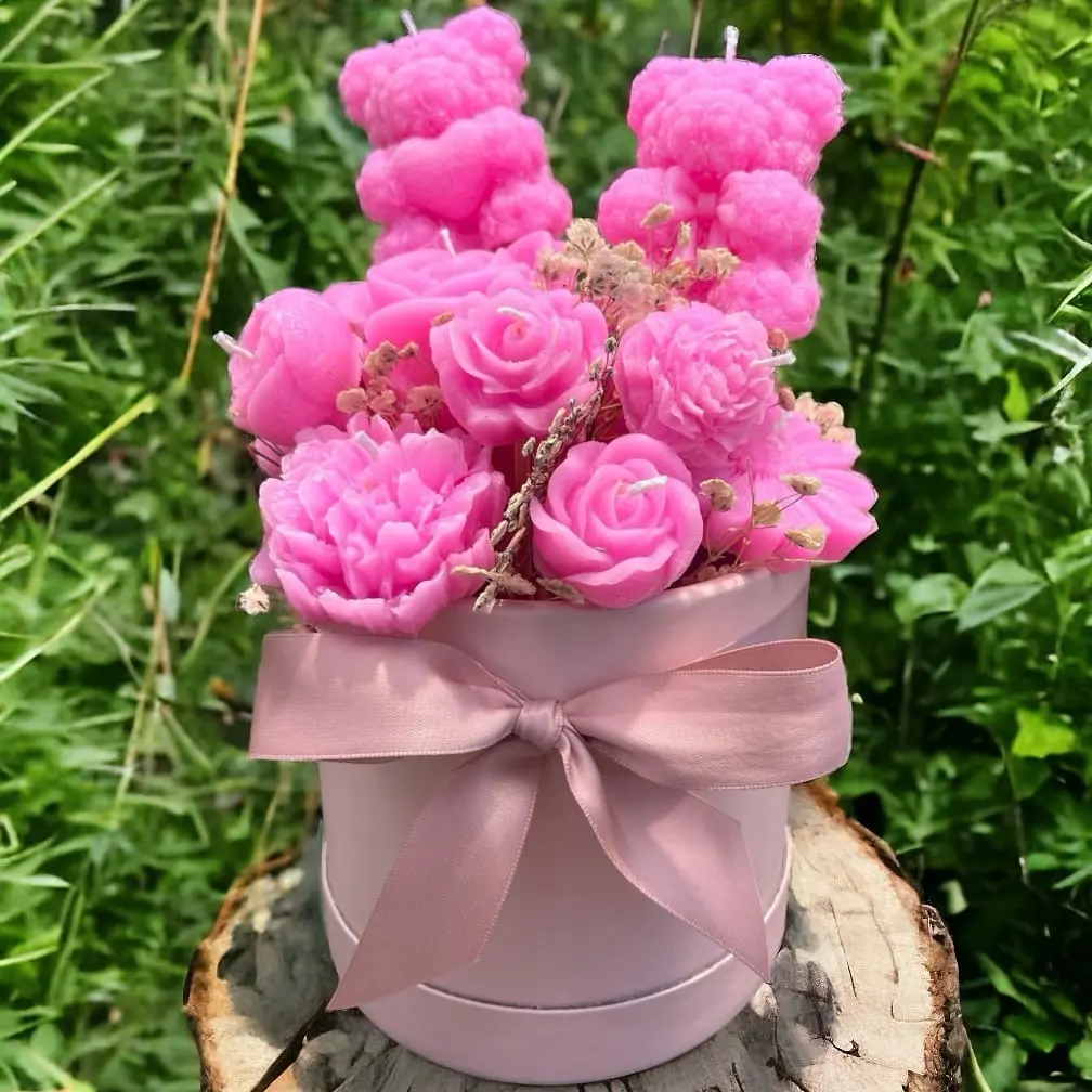 Charming Pink Floral Candles with Adorable Little Bears... Flower Decoration