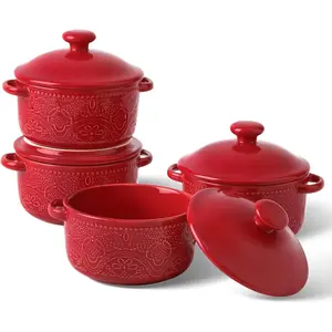 Mini Cocotte Set, 10 OZ Small with Lids, Casserole Sets With Handles, French Onion Soup, Soup Crocks for French Onion, Desserts, Beef Stew, Cereal, Pot Pies, Set of 4 (Red)