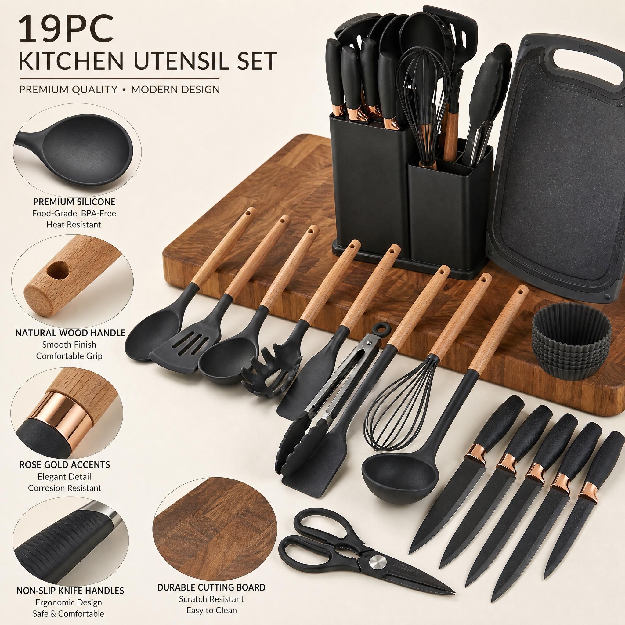 19-Piece Kitchen Supplies Set - Nonstick Silicone Cooking Utensils, 430 Food-Grade Stainless Steel Chef Knives with Wooden Handles, Professional Countertop Storage Rack for Home Kitchens
