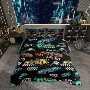 Cartoon Sports Car Comforter Set,Colorful Racing Car Bedding Set,Extreme Sport Games Duvet Insert,Cool Speed Cars Bed Set
