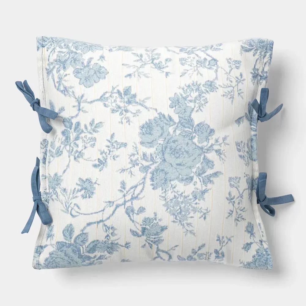 18"x18" Woven Stripe Side-Tie Outdoor Throw Pillow Blue - Threshold designed with Studio McGee
