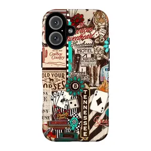 Western Vintage Collage Phone Case, cowboy cowgirl motel dice playing tiger pinup Route Coors retro rustic edgy pop culture vibes fashion vibes no bad vibes aesthetic gift play now, iPhone 17 16 15 14 13 Pro Max Plus X Samsung Galaxy S25 S24 S23 S22 Ultra
