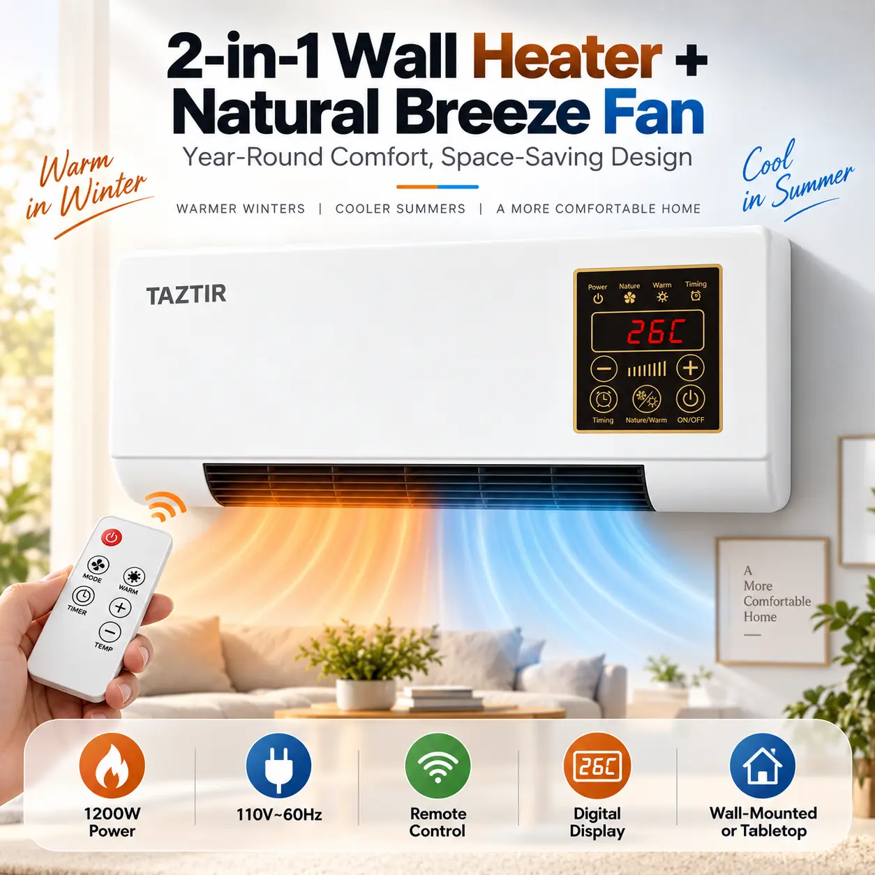 TAZTIR 2-In-1 Wall Mounted Portable Air cooler Heater & Natural Air Fan,With Warm Remote Control Space Heat, 1200W