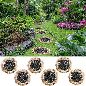 6Pcs 10In Natural Round Polished River Pebble Garden Stepping Stones, Outdoor Decorative Stones with Black Stones for Garden Patio Walkway
