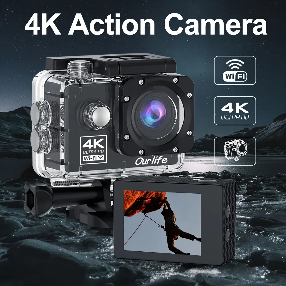 4K Action Camera with WiFi & Accessories – Ultra HD Sports Cam with Autofocus, Waterproof Case, Smartphone Control, and 32GB Card – Perfect for Cycling, Diving & Outdoor Vlogging