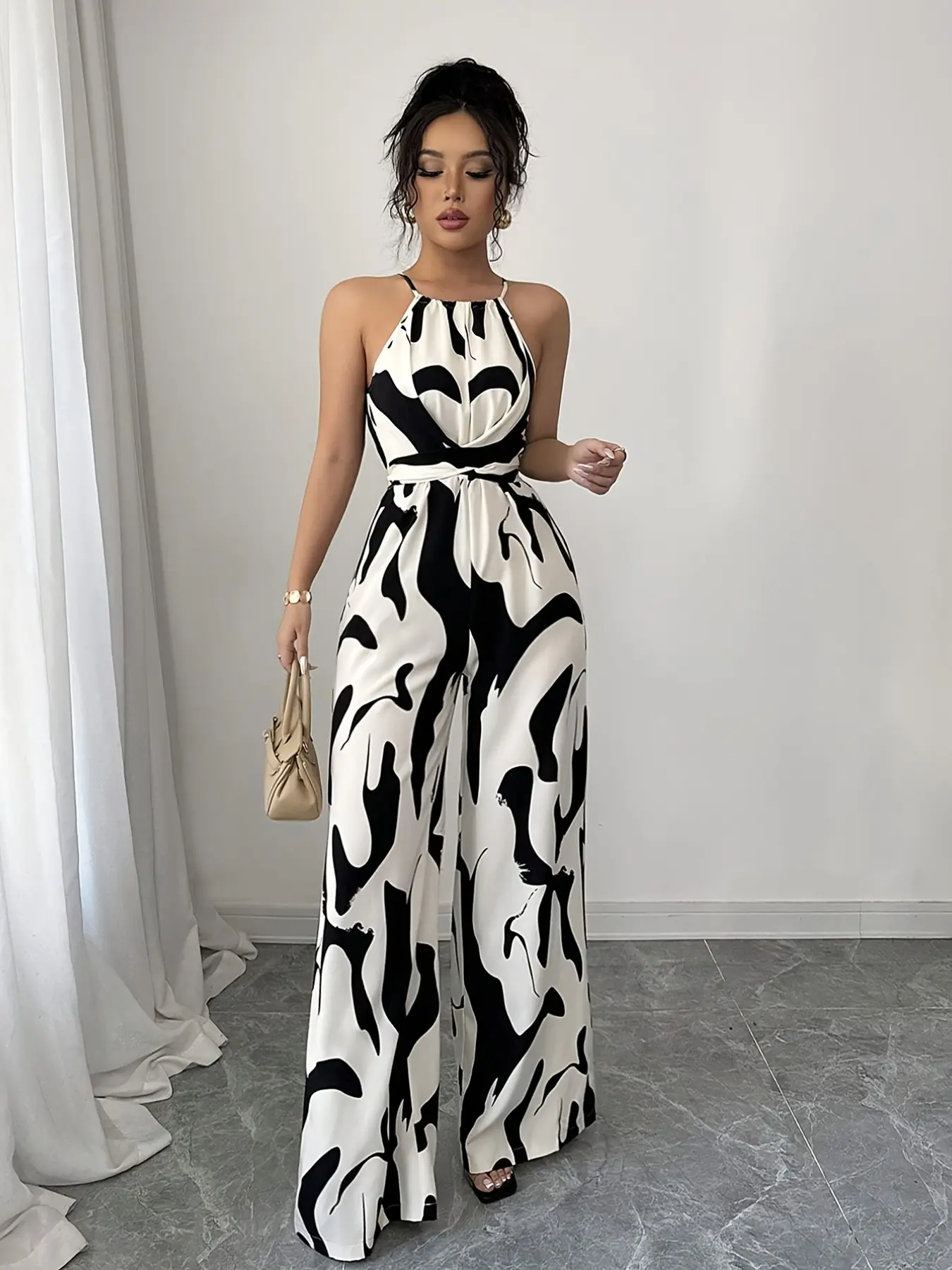 High-End Striped Jumpsuit, Elegant Fitted Design, Spring & Fall Fashion, Women's Wide Leg Pants with Neck Tie Waist Belt