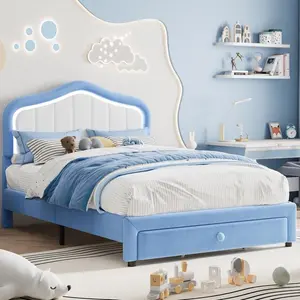 Upholstered Twin Bed Frame with LED Lights - Velvet Storage Bed with Headboard & Noise-Free Slats for Kids/Teens (No Box Spring Needed),Blue+White