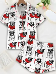 Bulldogs Football Satin Pajama Set, Bulldogs Football Short Sleeve Satin Pajama Set, Women's Luxury Sleepwear